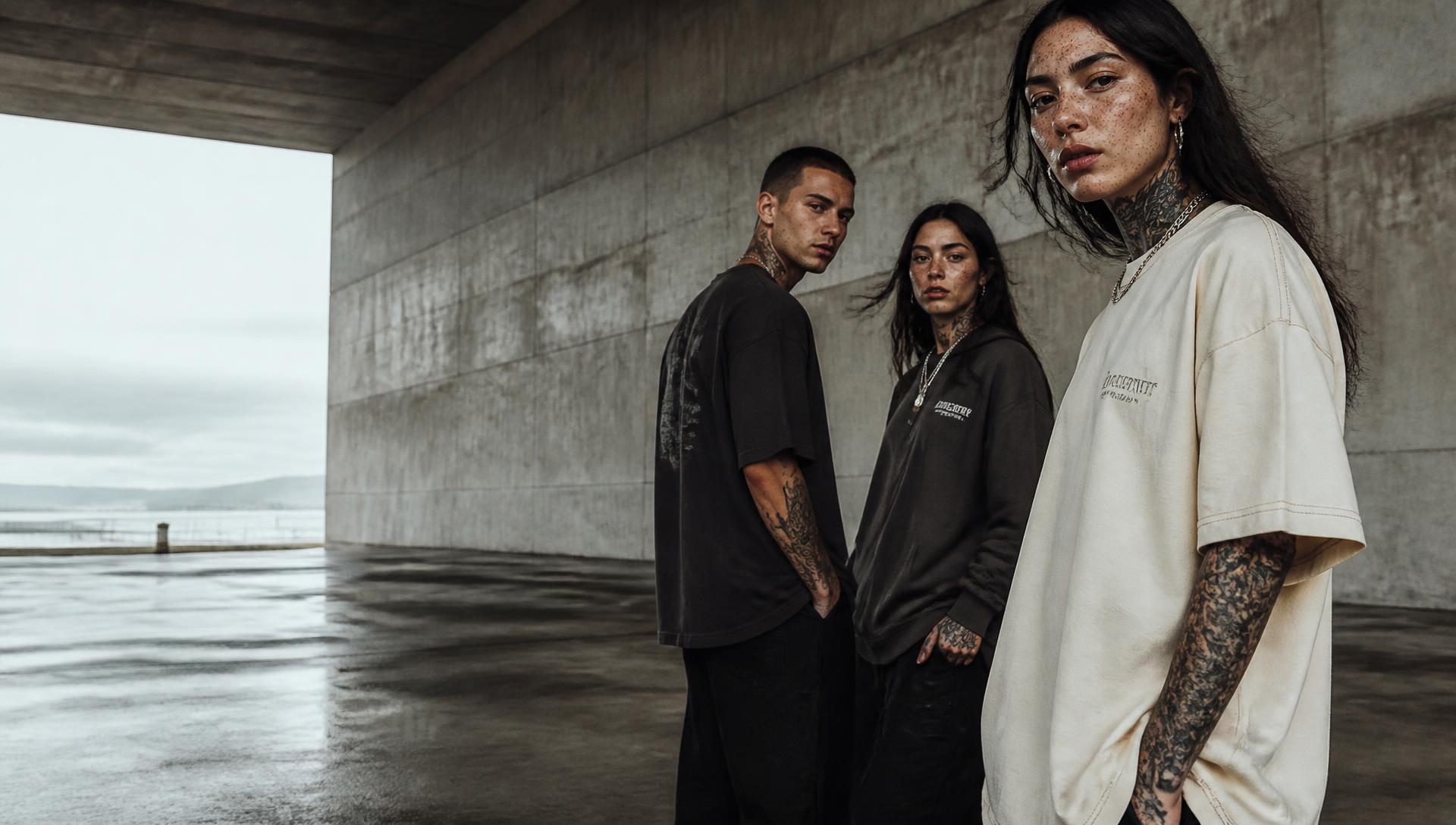 Model in oversized Rimari Hoodie vor Betonwand
